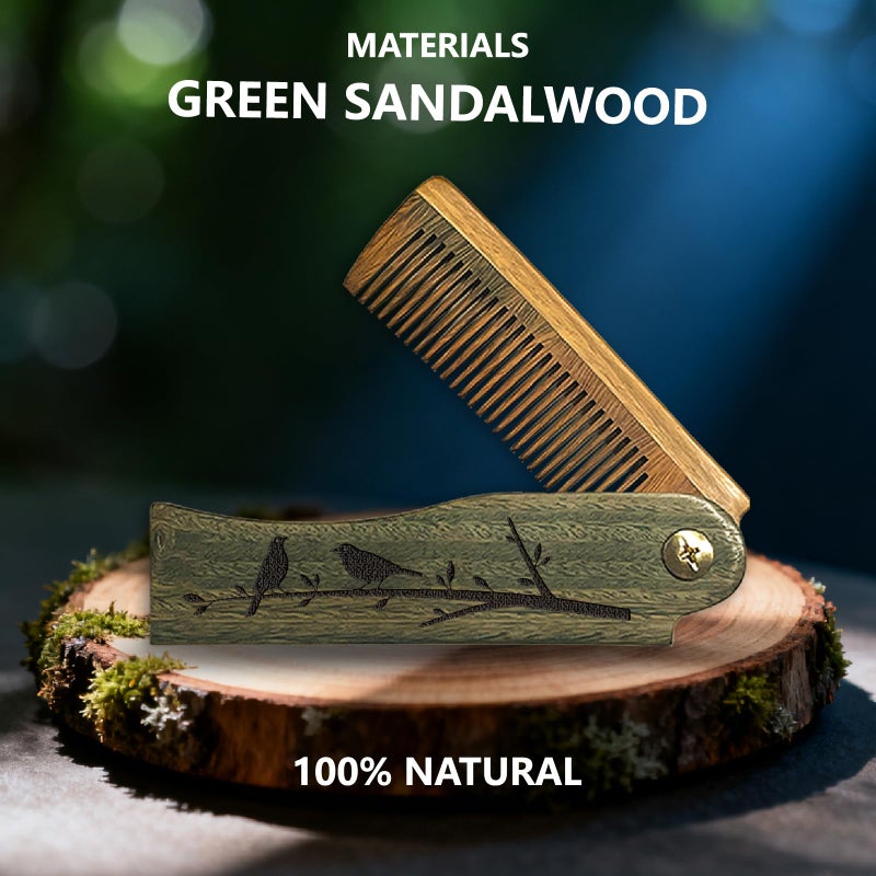 تشجكرافت مشط خشبي قابل للطي من CHGCRAFT بتصميم طائر وفروع زهور، مشط لحية خشبي منحوت، مشط شعر مع غطاء واقٍ من الجلد الصناعي، مناسب للرجال للعناية بالشارب والشعر، هدية مثالية للزوج - Image 3